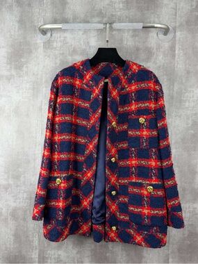 Gucci Navy and Red Plaid Tweed Blazer Jacket with Gold Buttons